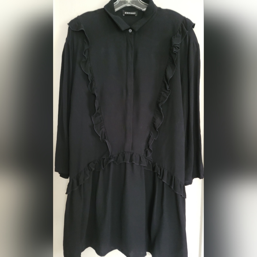 Repeat Cashmere Black Ruffle Mini Shirt Dress Womens Size 42/Medium Crepe - Picture 3 of 15
